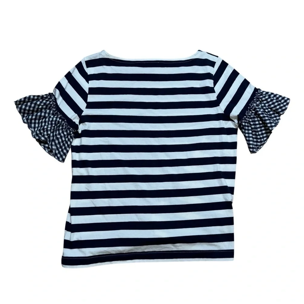 J. CREW Navy and White Striped Short Sleeve Tee Gingham Sleeve Size Large GUC
